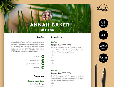 Creative Resume for Word & Pages “Hannah Baker” biologist resume creative resume cv template instant download modern resume nature cv template nature pattern resume one page resume professional resume research assistant resume and cover resume design resume for word resume template resume template word resume word three page resume two page resume