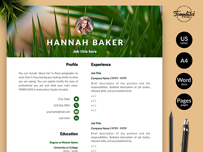 Creative Resume for Word & Pages “Hannah Baker” biologist resume creative resume cv template instant download modern resume nature cv template nature pattern resume one page resume professional resume research assistant resume and cover resume design resume for word resume template resume template word resume word three page resume two page resume