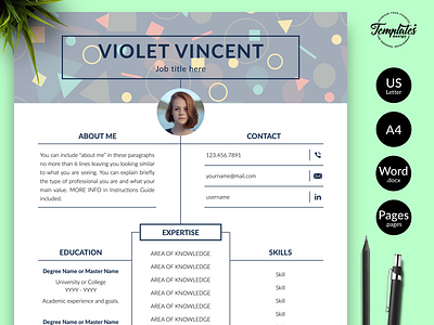 Creative Resume for Word & Pages “Violet Vincent” 1 page resume 2 page resume 3 page resume creative resume curriculum vitae cv template editable resume geometric pattern geometric resume modern resume professional resume resume design resume for word resume template resume template word resume word word cv
