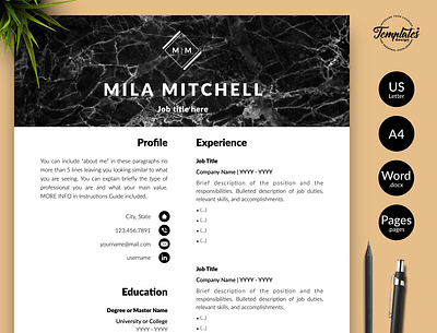 Modern Resume for Word & Pages “Mila Mitchell” 1 page resume 2 page resume 3 page resume creative resume curriculum vitae cv template marble cv marble resume marble textures modern resume professional resume resume design resume for pages resume for word resume format resume template resume template word resume with cover