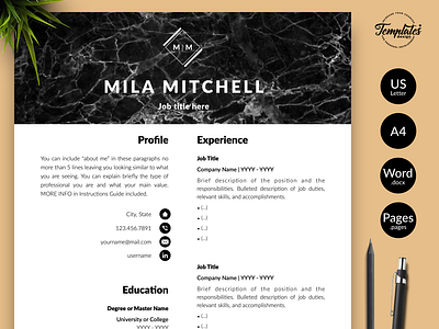 Modern Resume for Word & Pages “Mila Mitchell” 1 page resume 2 page resume 3 page resume creative resume curriculum vitae cv template marble cv marble resume marble textures modern resume professional resume resume design resume for pages resume for word resume format resume template resume template word resume with cover