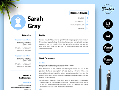 Nurse Resume for Word & Pages “Sarah Gray” cv template doctor resume word experienced nurse medical cv template medical resume word nurse cv template nurse graduate nurse practitioner nurse template word nursing cv nursing resume word professional resume registered nurse resume for word resume template rn resume template student nurse resume