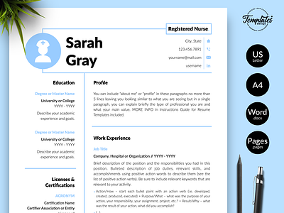 Nurse Resume for Word & Pages “Sarah Gray” cv template doctor resume word experienced nurse medical cv template medical resume word nurse cv template nurse graduate nurse practitioner nurse template word nursing cv nursing resume word professional resume registered nurse resume for word resume template rn resume template student nurse resume