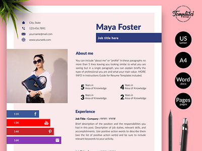 Modern Resume for Word & Pages “Maya Foster” 1 page resume 2 page resume 3 page resume creative resume word curricular vitae curriculum vitae cv template cv with photo cv with social media fashion job cv marketing resume modern resume professional resume resume for word resume template resume template word resume with photo social media cv social media marketing social media resume