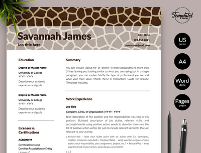 Animal Care Resume for Word & Pages “Savannah James” animal care cv animal care resume creative resume curriculum vitae cv for animal caretakers cv for zoologist cv template modern resume one page resume pet care resume resume for animal care jobs resume for word resume for zoologist resume template safari assistant veterinarian resume veterinary resume zoo director resume zoologist cv zoologist resume