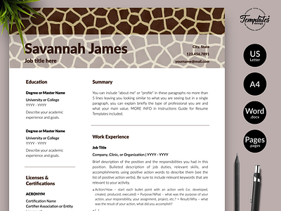 Animal Care Resume for Word & Pages “Savannah James” animal care cv animal care resume creative resume curriculum vitae cv for animal caretakers cv for zoologist cv template modern resume one page resume pet care resume resume for animal care jobs resume for word resume for zoologist resume template safari assistant veterinarian resume veterinary resume zoo director resume zoologist cv zoologist resume