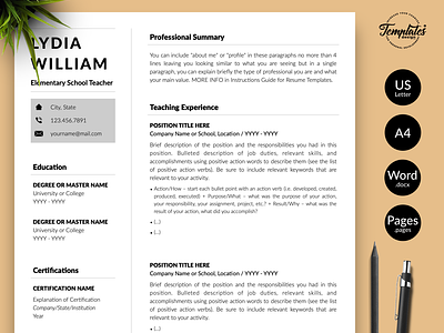 Teacher Resume for Word & Pages “Lydia William”