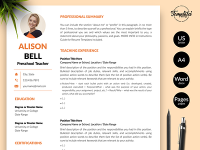 Teacher Resume for Word and Pages "Alison Bell"
