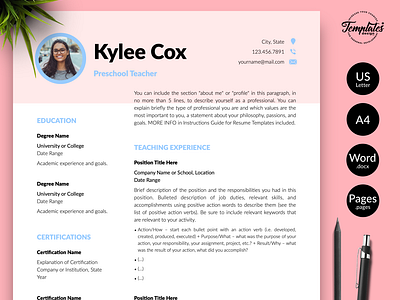 Teacher Resume for Word & Pages “Kylie Cox”