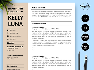 Teacher Resume for Word & Pages “Kelly Luna” 1 page resume 2 page resume cv for teachers cv for teaching jobs modern resume preschool cv word preschool teacher professional resume resume for job resume for teacher resume for word resume template resume with cover school teacher cv school teacher resume teacher cv template teacher resume teaching resume word teacher cv word teacher resume