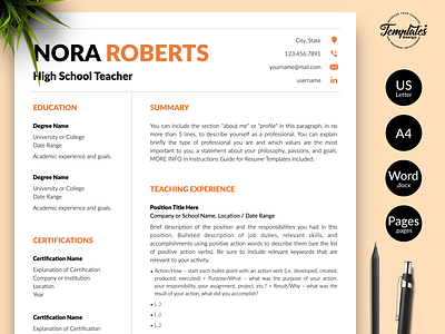 Teacher Resume for Word & Pages “Nora Roberts” modern resume one page resume professional cv professional resume resume for pages resume for teacher resume for word resume template resume with cover teacher cv format teacher cv template teacher cv word teacher example cv teacher example resume teacher resume teacher resume format teacher resume word teacher word curriculum teaching resume two page resume