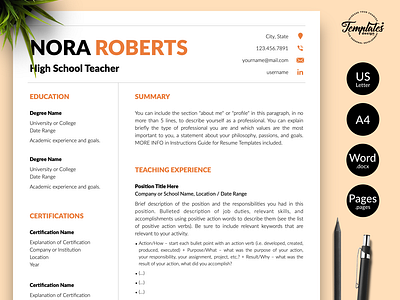 Teacher Resume for Word & Pages “Nora Roberts”