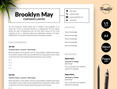 Legal Resume for Word & Pages “Brooklyn May” attorney cv template attorney resume corporate lawyer curriculum vitae cv template lawyer cv template lawyer resume legal cv template modern resume professional resume resume for lawyer resume for lawyers resume for word resume template resume template word resume with cover resume with photo
