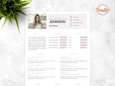 Resume Template For Word And Pages "Gabriella Johnson" clean resume creative resume cv template modern resume one page resume professional resume resume cv resume for pages resume for word resume template simple resume three page resume two page resume