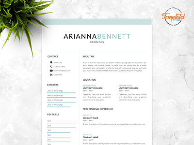 Resume Template For Word And Pages "Arianna Bennett" any job position basic resume best resume template clean resume cv for pages cv for word cv modern resume editable resume perfect resume resume template 2019 resume template etsy resume with cover simple resume