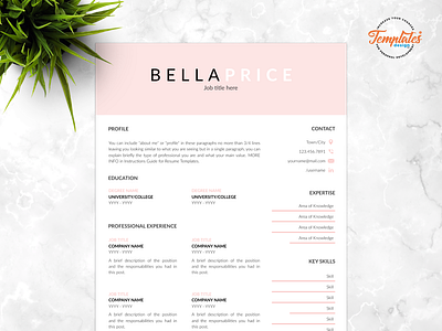 Resume Template For Word And Pages "Bella Price" 1 page version 2 page version 3 page version clean resume contemporary resume cover letter cv template modern cv references letter resume template simple resume template for word templates for pages