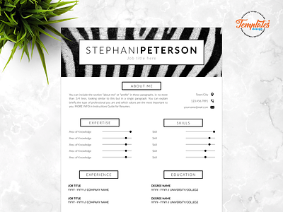 Resume Template For Word And Pages "Stephani Peterson" animal curator animal print resume creative resume curriculum vitae cv template one page resume resume for pages resume for word resume template safari assistant veterinarian resume veterinary resume zoo director resume
