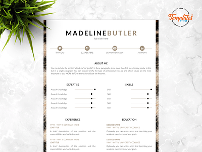Resume Template For Word And Pages "Madeline Butler" animal curator animal print resume creative resume curriculum vitae cv template one page resume resume and cover resume for pages resume for word resume template safari assistant veterinarian resume veterinary resume