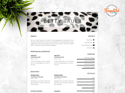Resume Template For Word And Pages "Betty Bauer" animal resume creative resume curriculum vitae cv template one page resume resume for pages resume for word resume template safari assistant three page resume veterinarian resume veterinary resume zoo director resume