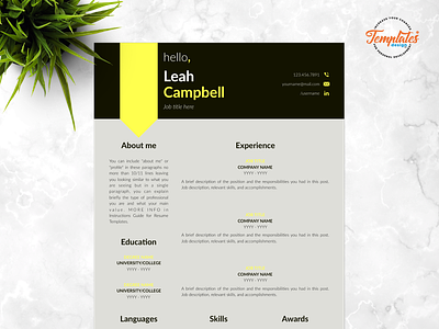 Resume Template For Word And Pages "Leah Campbell" basic ms word curriculum vitae dark resume template instant download mens resume minimalist resume modern resume resume downloadable resume editable resume template word resume with cover word resume word template