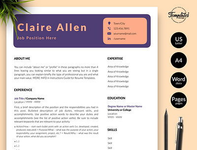 Creative Resume for Word & Pages “Claire Allen” creative cv creative resume cv template instant download modern cv modern resume one page resume professional resume resume and cover resume design resume for word resume template resume template word resume word template for resume three page resume two page resume