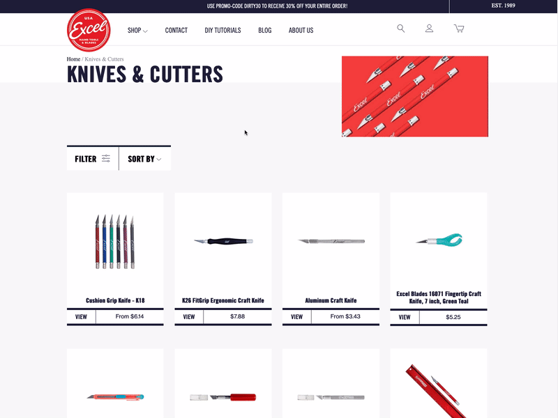 Excel Blades Collection Page ecommerce ecommerce design web design web designer