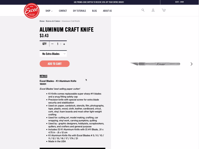 Excel Blades Product Page shopping web webdesign