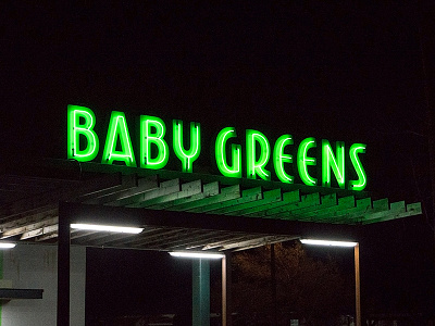 Baby Greens Rooftop Neon baby greens custom type design environmental exterior lettering neon restaurant signage typography