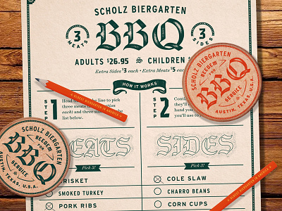 Sholz Biergarten Menu banner bbq biergarten brand extension buffalo nickel lettering menu pencil print scholz