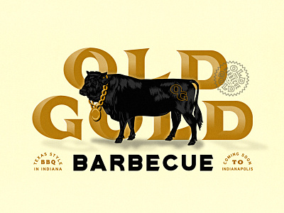 OLD GOLD Barbecue badge barbecue bbq brand brand identity chain cow gold hand drawn identity illustration indiana lettering