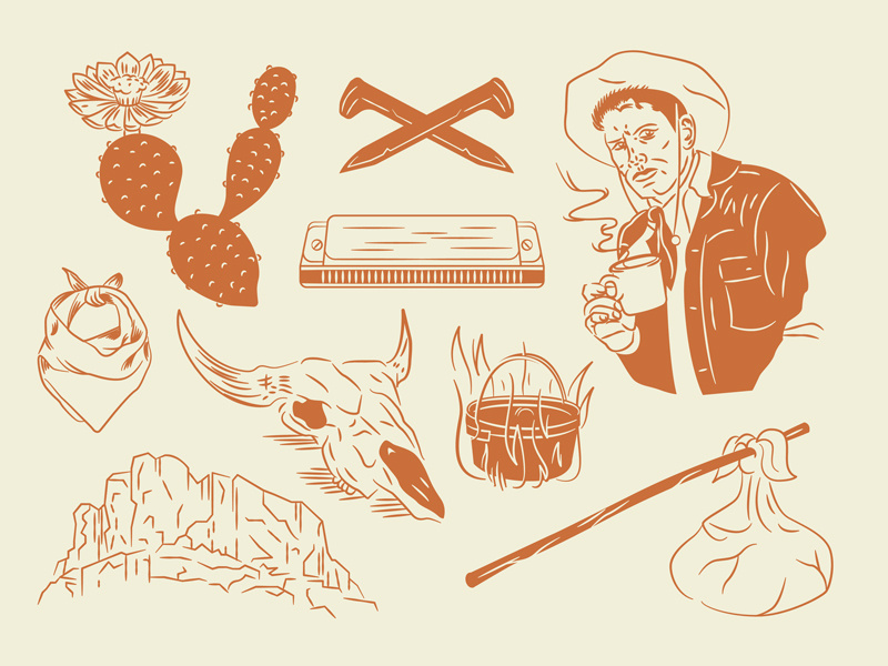 Civil Goat Extension Illustrations merchandise civil goat coffee roasters hand drawn railroad traveler nomad harmonica cactus bandana west texas cow skull coffee cowboy illustration
