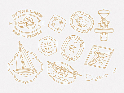 Kona Coffee Purveyors beans coffee handshake hawaii icons illustration monogram monoline roaster sailboat seal stamp volcano