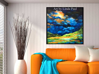 Living Room Orange Blue With Abstract Landscape Art Artist Linda abstract art artist blue orange green colorful art contemporary art framed art inspirational landscape large art living room wall art paintings wall art