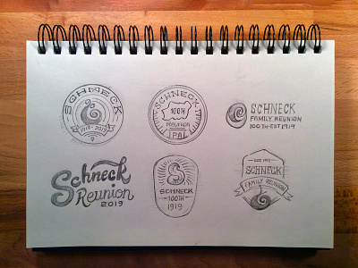 Schneck sketches 100th 6:40est 6up concepts emblem hand drawn font ideas lettering pencil reunion schneck seal sketchbook sketches snail
