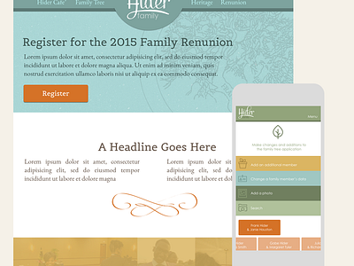 Hider family website mockup blue brown family tree family website orange reunion tree