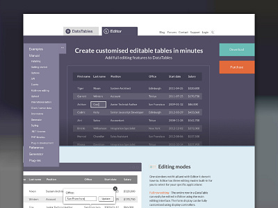 DataTables Redesign data datatables landing page orange purple software tables