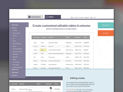 Redesign for DataTables data datatables landing page orange purple software tables