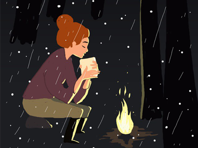 blabla.. coffe fire forest girl illustration snow tree