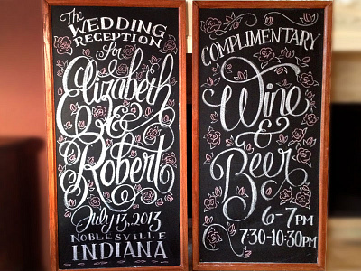 Chalkboards beer chalkboard flower handlettering handmade homemade lettering reception rose script wedding wine