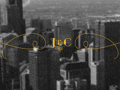 Save The Date, backside black and white chicago delicate flourish geometric geotica gold letters monogram noise photo skyline swash thin yellow