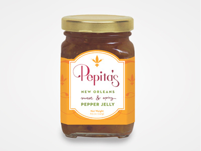 Pepita's fleur de lis flourish food gold jelly lettering packaging pepper swash typography