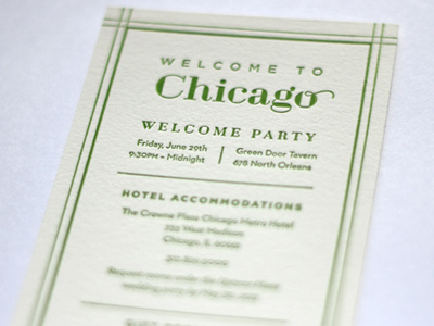 Welcome Card border chicago green invitation letterpress photograph print typography wedding welcome