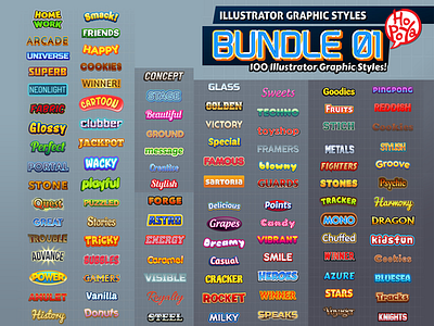 100 Illustrator Graphic Styles Bundle 01 add ons design game graphic illustrator logo project styles template text title vector