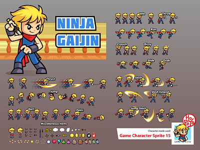 Game Character Sprite 15 action android assets cartoon character game hack and slash ios ninja side scrolling sprite sheet vector