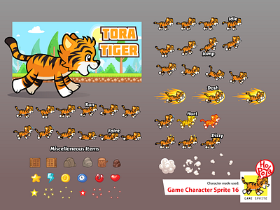 Game Character Sprite 16 android animal assets cartoon character endless runner game ios side scrolling sprite sheet tiger vector