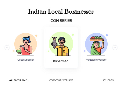 Indian Local Businesses Iconpack business coconut design fish fisherman icon iconography icons icons pack india vegetables