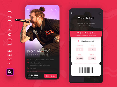 Daily UI Challenge 040/100 - Event App Concept - (Freebie) 100uichallenge adobe xd ankur tripathi app design daily 100 challenge dailychallenge dailyui dailyuichallenge event app free download free download xd freebie ticket app uidesign