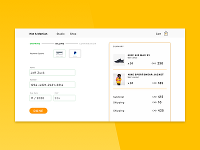 Daily UI – No. 2: Credit Card Checkout billing cart checkout clothes credit card daily ui desktop payment ui design yellow