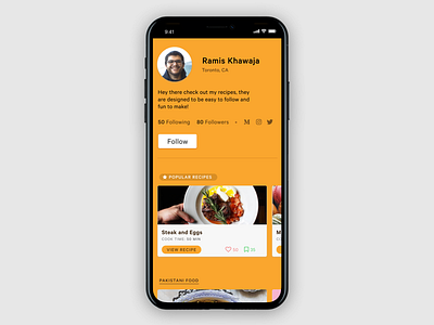 Daily UI – No. 6: User Profile cards cooking daily ui design food ios app iphone mobile app recipes ui user profile yellow