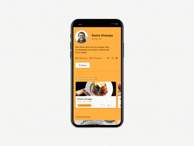 Daily UI – No. 6: User Profile [Animated] animation app cooking daily ui design food horizontal scroll interaction design iphone mobile app user profile yellow